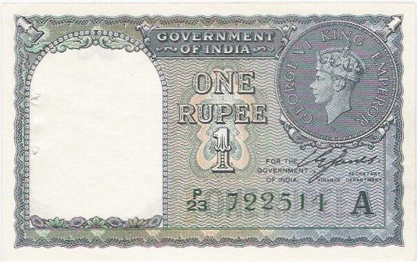 1940 Government of India one rupee note, King George VI, obverse